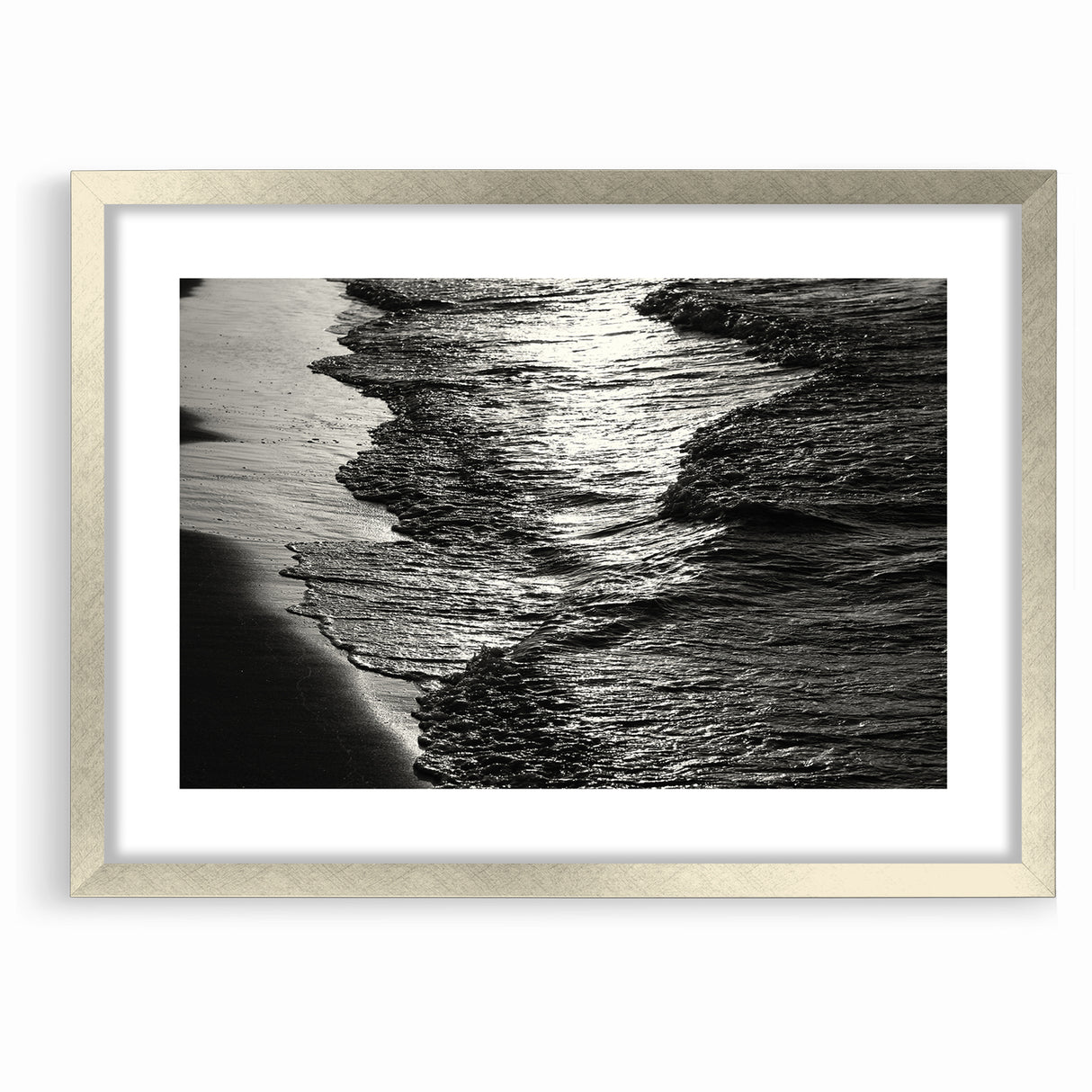 Abstract Nature Prints - Shimmering Black and White Beach Waves Wall Art
