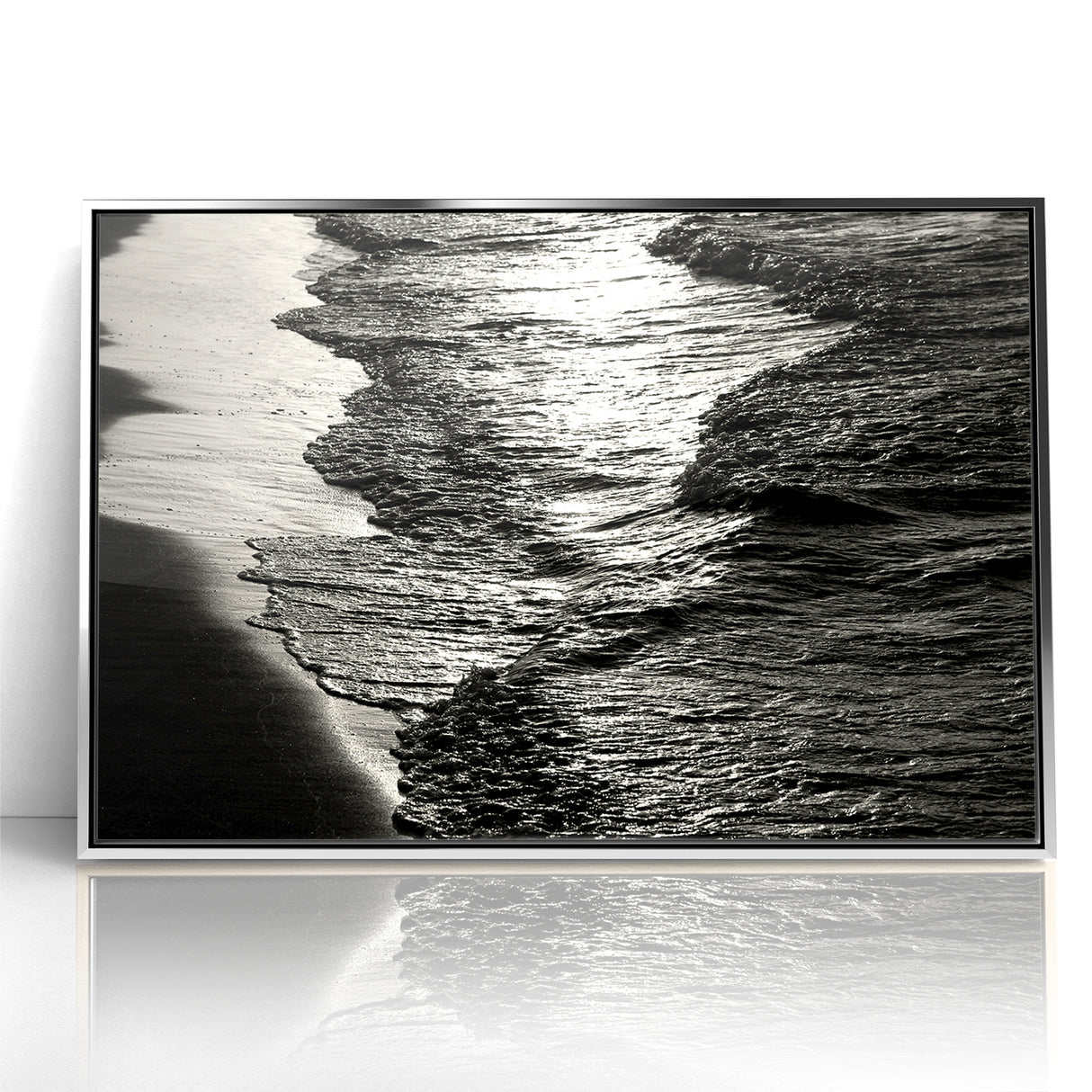 Abstract Nature Prints - Shimmering Black and White Beach Waves Wall Art