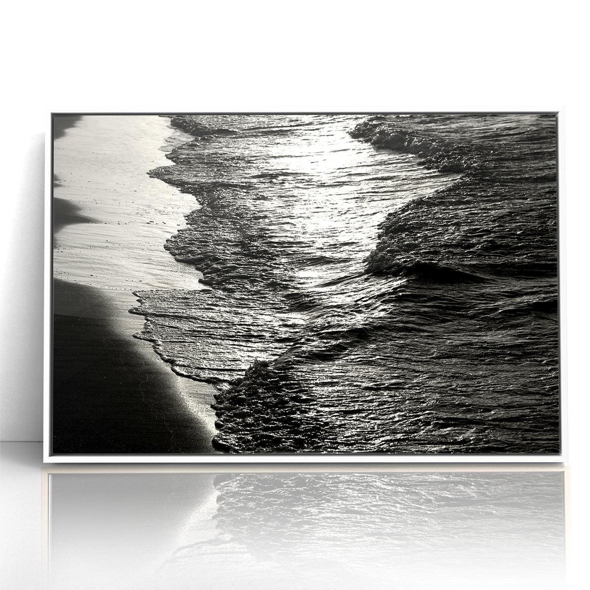 Abstract Nature Prints - Shimmering Black and White Beach Waves Wall Art