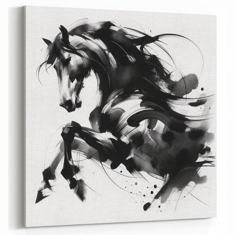 Dynamic Black and White Horse Art | Abstract Monochrome Canvas Design