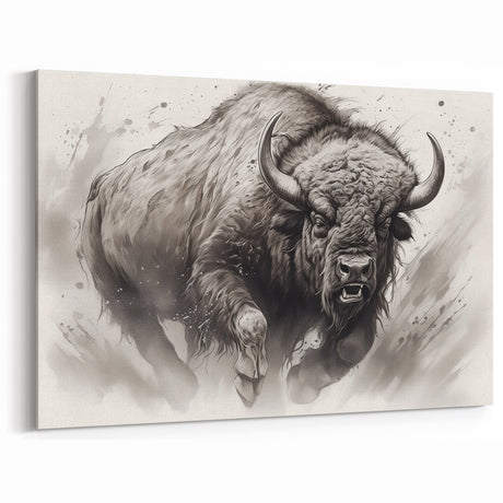 Powerful Buffalo Wall Art - Black and White Bison Canvas Decor