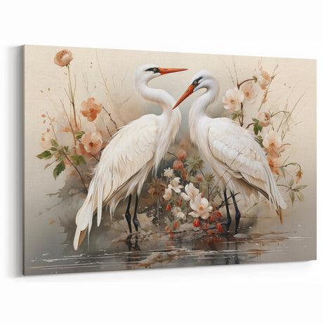 Elegant Crane Wall Art - Romantic Pair of Cranes with Floral Accents