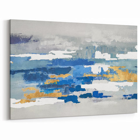 Modern Abstract Line Art - Blue and Gold Brush Strokes Canvas Print