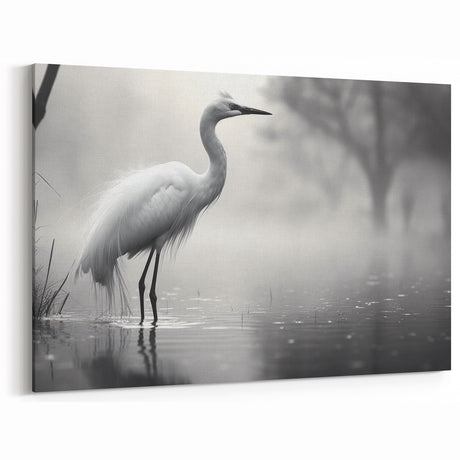 Egret Canvas Art - Serene Egret in Misty Morning Wall Decor