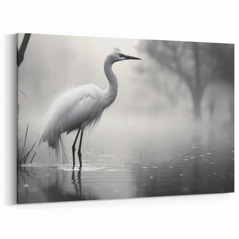 Egret Canvas Art - Serene Egret in Misty Morning Wall Decor