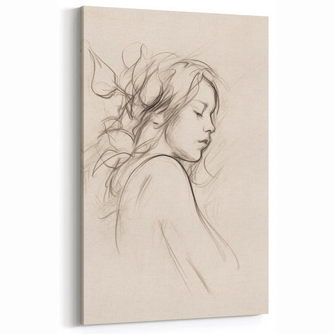 Minimalist Abstract Art of Woman with Leaves - Elegant Wall Decor
