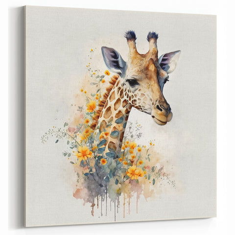 Serene Giraffe Wall Art - Floral Wildlife Watercolor Canvas Print