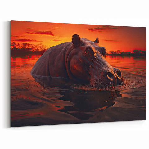 Majestic Hippo at Sunset - Wildlife Hippopotamus Canvas & Framed Art
