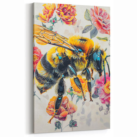 Bee Art Print - Colorful Floral Bumblebee Wall Decor for Nature Lovers