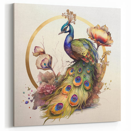 Colorful Peacock Wall Art with Floral Accents - Elegant Peacock Decor