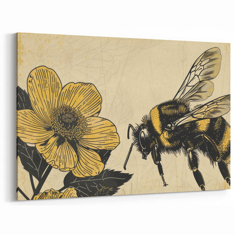 Bee Wall Art - Vintage Botanical Bee and Flower Print for Rustic Decor