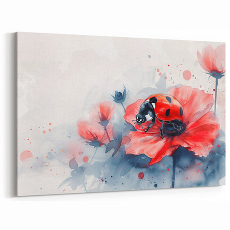 Ladybug Wall Art - Watercolor Ladybug on Flower Canvas Print for Home Decor