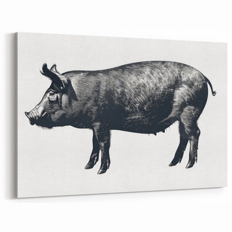 Rustic Pig Wall Art - Black & White Pig Canvas Print Farm Animal Decor