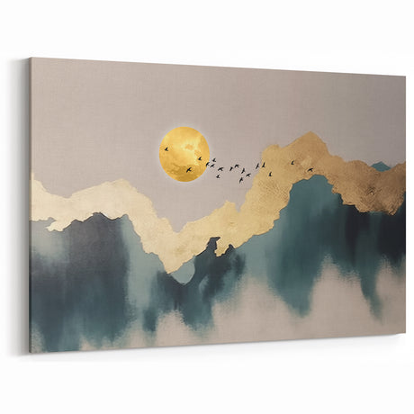 Golden Sun with Birds on Abstract Navy and Gold Canvas Art