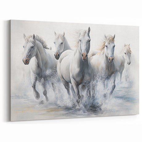 Horse Wall Art - Majestic White Horses Running Through Water - Canvas Print