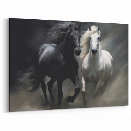 Majestic Black and White Horse Wall Art - Dynamic Equestrian Canvas