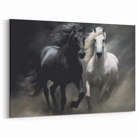 Majestic Black and White Horse Wall Art - Dynamic Equestrian Canvas