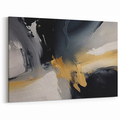 Abstract Brush Strokes and Lines Art - Black, Gray, and Gold Canvas