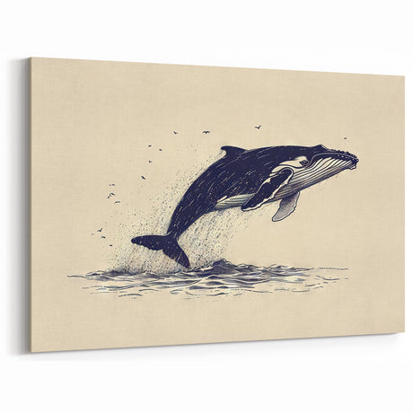 Vintage Whale Wall Art - Beige & Navy Canvas Print - Nautical Decor