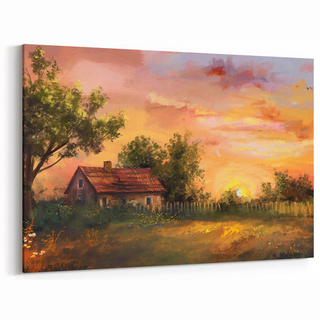 Rustic Sunset Landscape Wall Art - Warm Autumn Glow Canvas Print