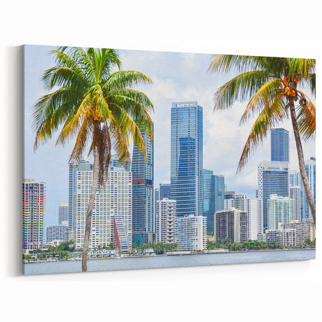 Miami Skyline Art with Palm Trees: Vibrant Tropical Cityscape Decor