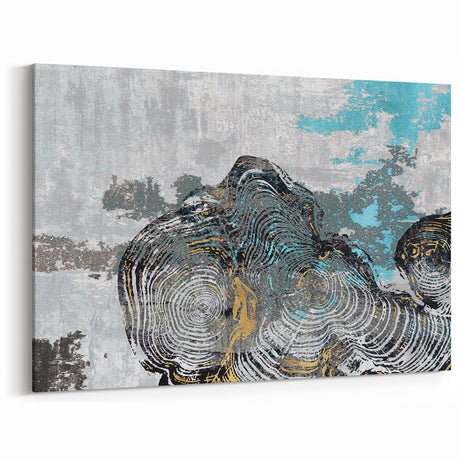 Abstract Blue and Gold Rings on Textured Gray Canvas - Modern Art