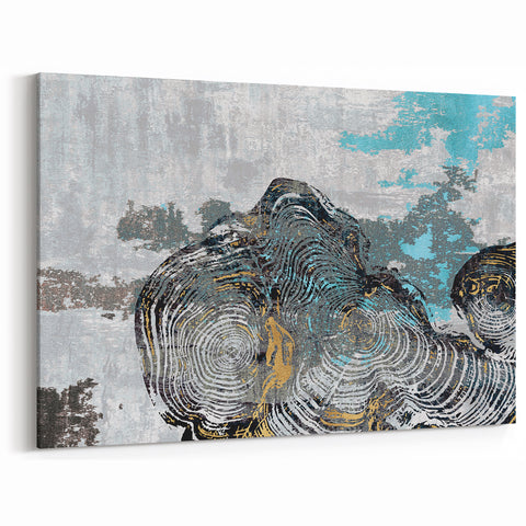 Abstract Blue and Gold Rings on Textured Gray Canvas - Modern Art