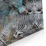 Abstract Blue and Gold Rings on Textured Gray Canvas - Modern Art