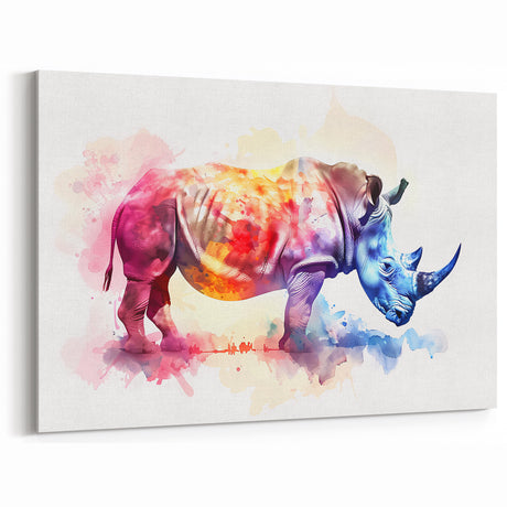 Vibrant Watercolor Rhinoceros Wall Art - Rhino Canvas Print Decor
