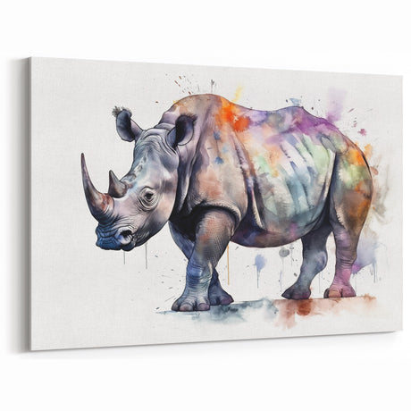 Watercolor Rhinoceros Wall Art - Vibrant Rhino Canvas Print Decor