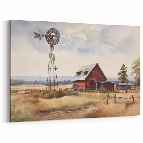 Golden Fields Barn Landscape Art – Rustic Red Barn Canvas Print