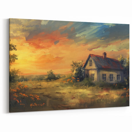 Sunset Cottage Wall Art - Rustic Countryside Canvas Print Decor