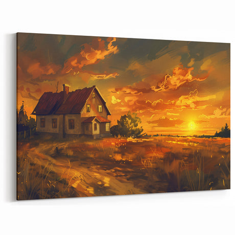 Golden Sunset Cottage Art - Rustic Countryside Canvas Print Decor