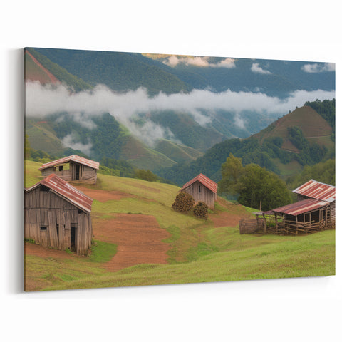 Bright Red Barn Landscape Art – Vibrant Blue Sky Countryside Canvas Print