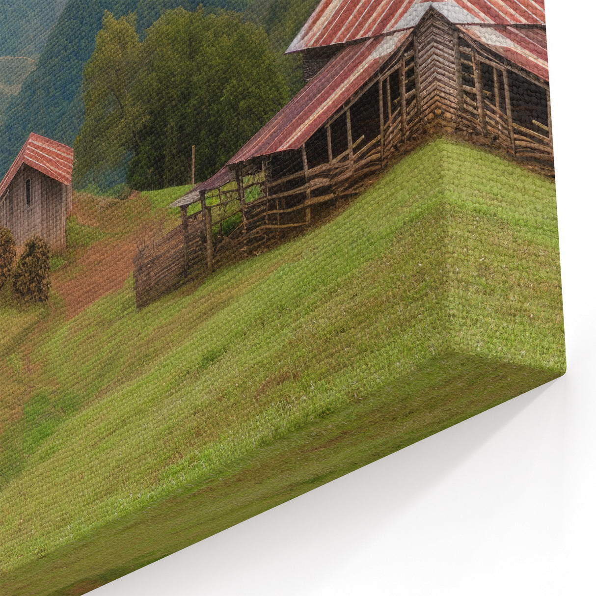 Bright Red Barn Landscape Art – Vibrant Blue Sky Countryside Canvas Print