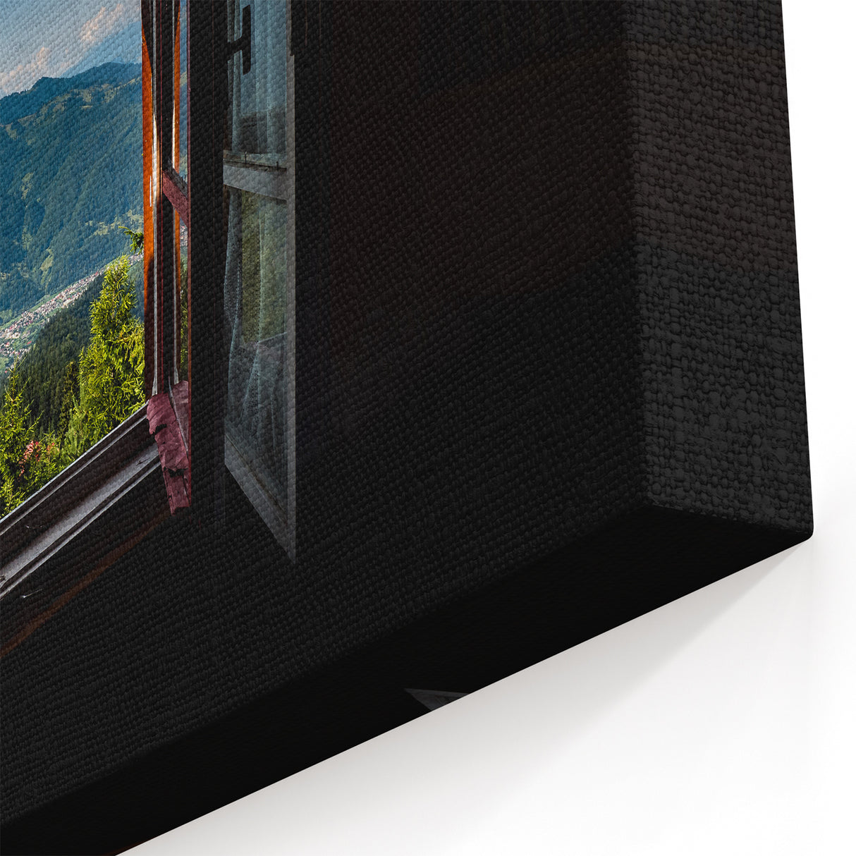 Mountain View Window Wall Art – Scenic Landscape Through Wooden Frame Print