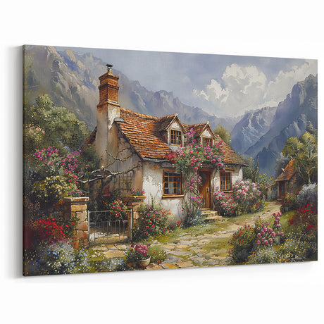 Quaint Mountain Cottage Art - Rustic Countryside Canvas Print Decor