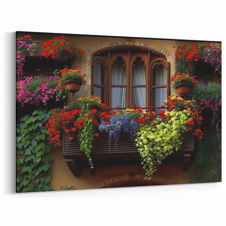 Charming Floral Balcony Window Wall Art - Vintage Window Canvas Print