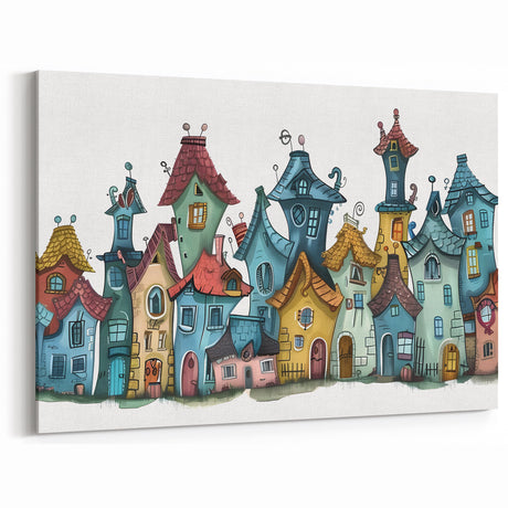 Whimsical Village Art - Playful Cottage Canvas Print Decor