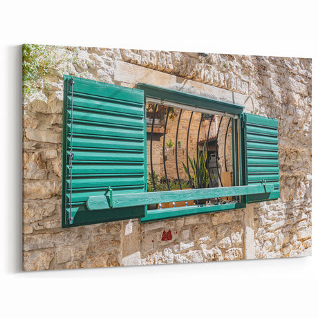 Rustic Green Shutter Window Wall Art - Mediterranean Stone Canvas Prints