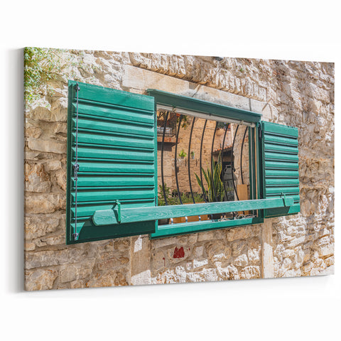 Rustic Green Shutter Window Wall Art - Mediterranean Stone Canvas Prints