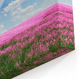 Rolling Fields Canvas Art - Pink Flower Field Under Bright Blue Sky