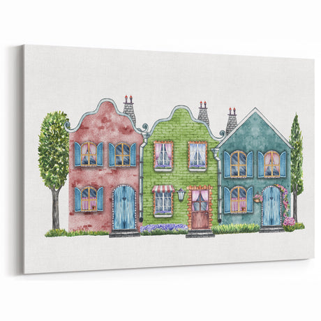 Charming Cottage Row Art - Whimsical Village Canvas Print Decor