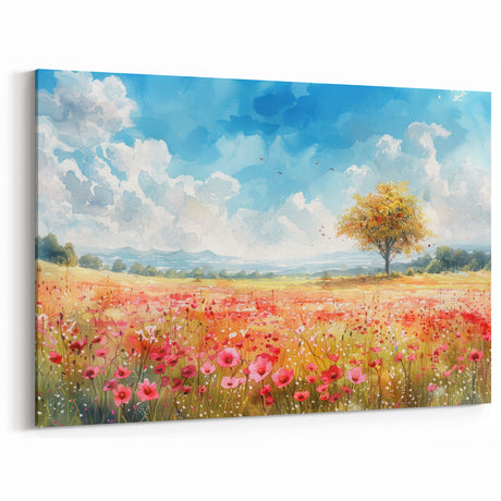 Fields Panorama Wall Decor - Vibrant Watercolor Wildflower Landscape Art