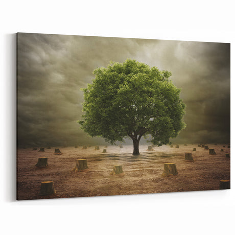 Field Landscape Wall Art - Solitary Tree Amidst Desolate Stumps