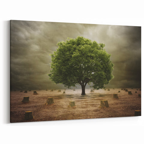 Field Landscape Wall Art - Solitary Tree Amidst Desolate Stumps
