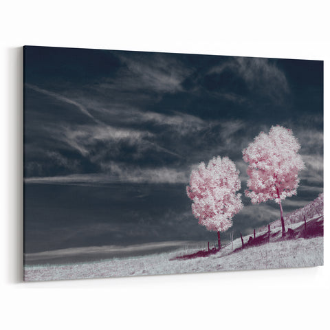 Fields Panorama Wall Decor - Pink Trees Under Dramatic Sky Landscape Art