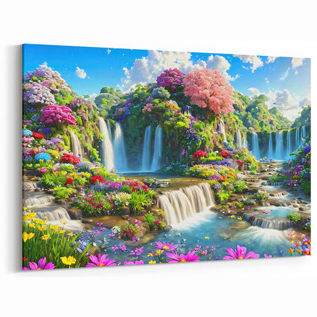 Vibrant Waterfall Garden Wall Art - Lush Garden Landscape Canvas Print
