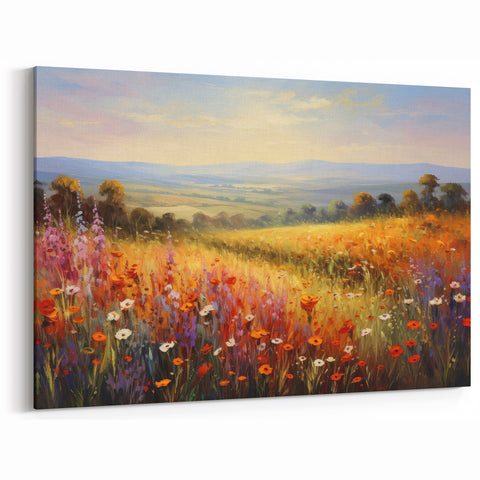 Golden Meadow Landscape Wall Art - Vibrant Wildflower Canvas Print