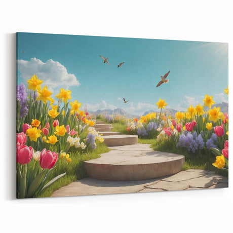 Sunny Garden Path Wall Art - Vibrant Floral Landscape Canvas Print